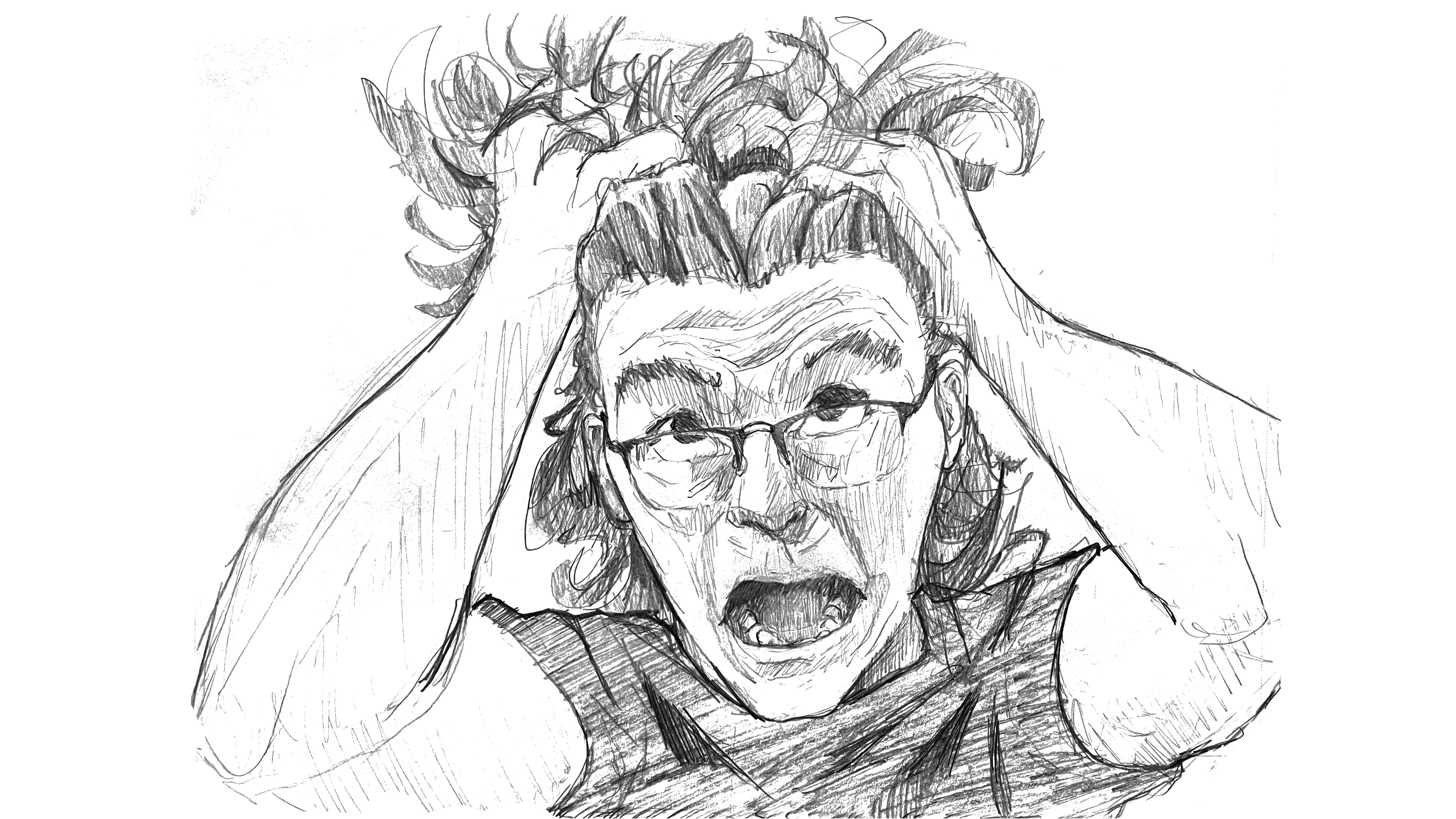 A super detailed pencil sketch of a dude with messy hair, glasses, and a freaked-out face, clutching his head like he's going nuts. He's rocking a plain shirt and has a bit of a beard. The background is plain white, making his intense expression and body language really pop.